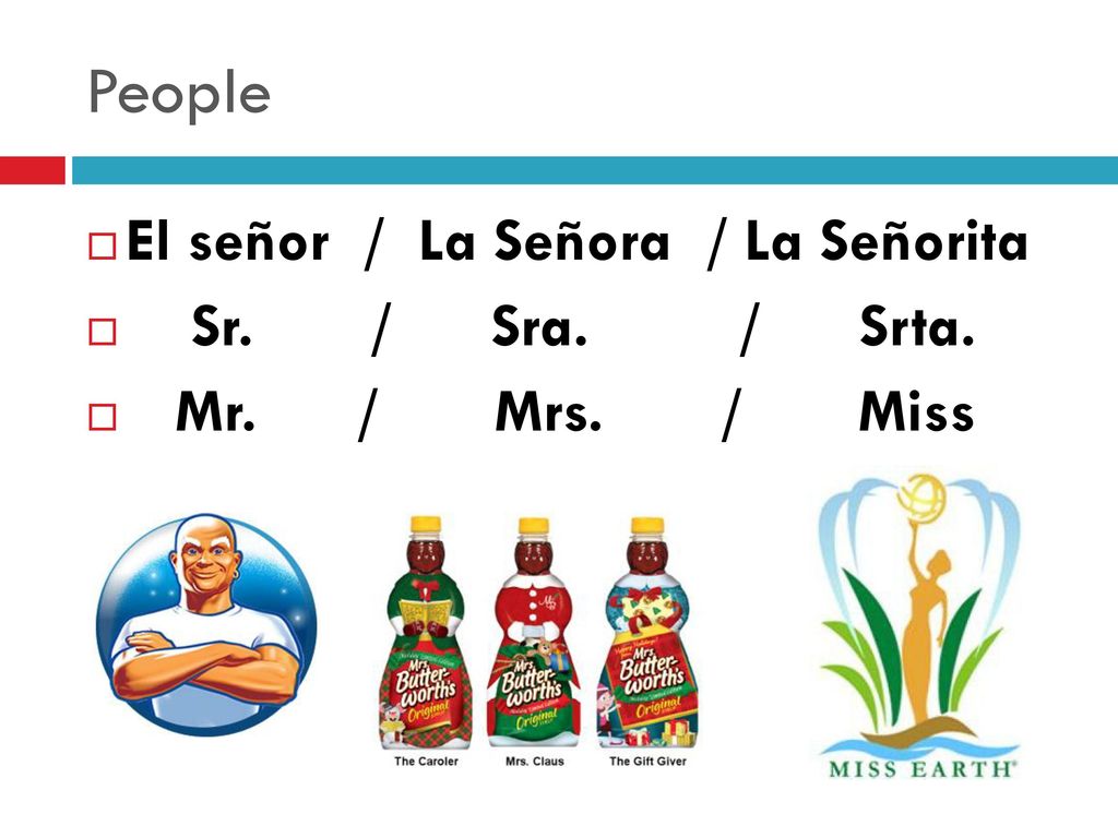 People El señor / La Señora / La Señorita Sr. / Sra. / Srta.