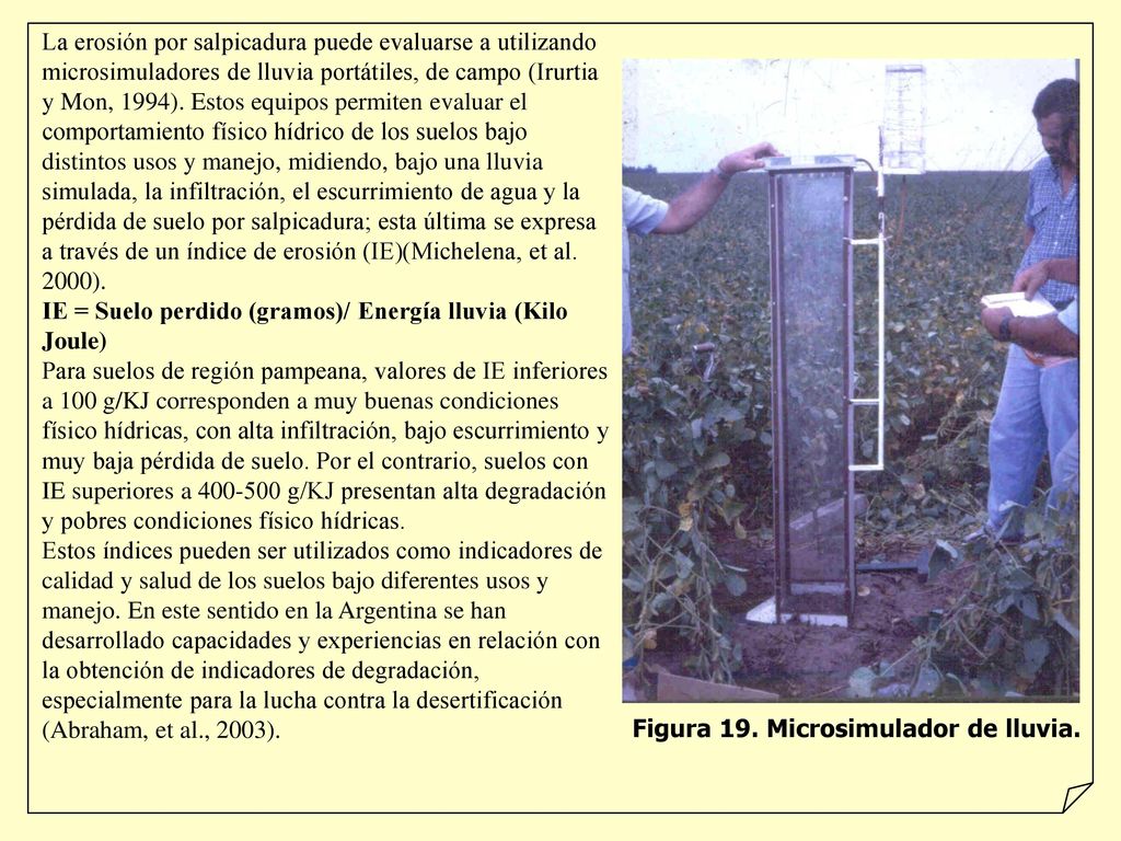 La erosión por salpicadura puede evaluarse a utilizando microsimuladores de lluvia portátiles, de campo (Irurtia y Mon, 1994). Estos equipos permiten evaluar el comportamiento físico hídrico de los suelos bajo distintos usos y manejo, midiendo, bajo una lluvia simulada, la infiltración, el escurrimiento de agua y la pérdida de suelo por salpicadura; esta última se expresa a través de un índice de erosión (IE)(Michelena, et al. 2000).