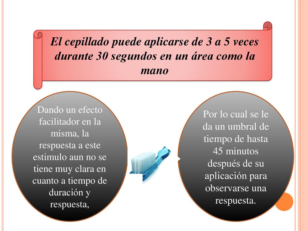 El cepillado puede aplicarse de 3 a 5 veces durante 30 segundos en un área como la mano