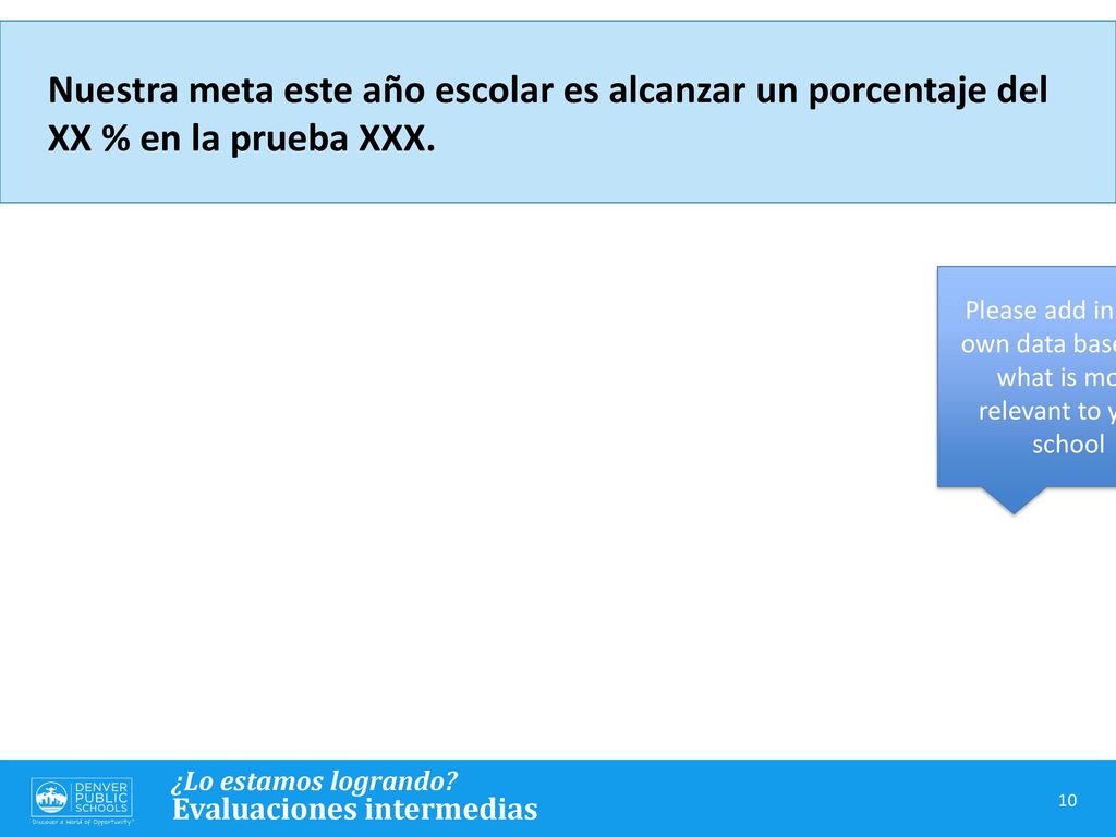 Nuestra meta este año escolar es alcanzar un porcentaje del XX % en la prueba XXX.