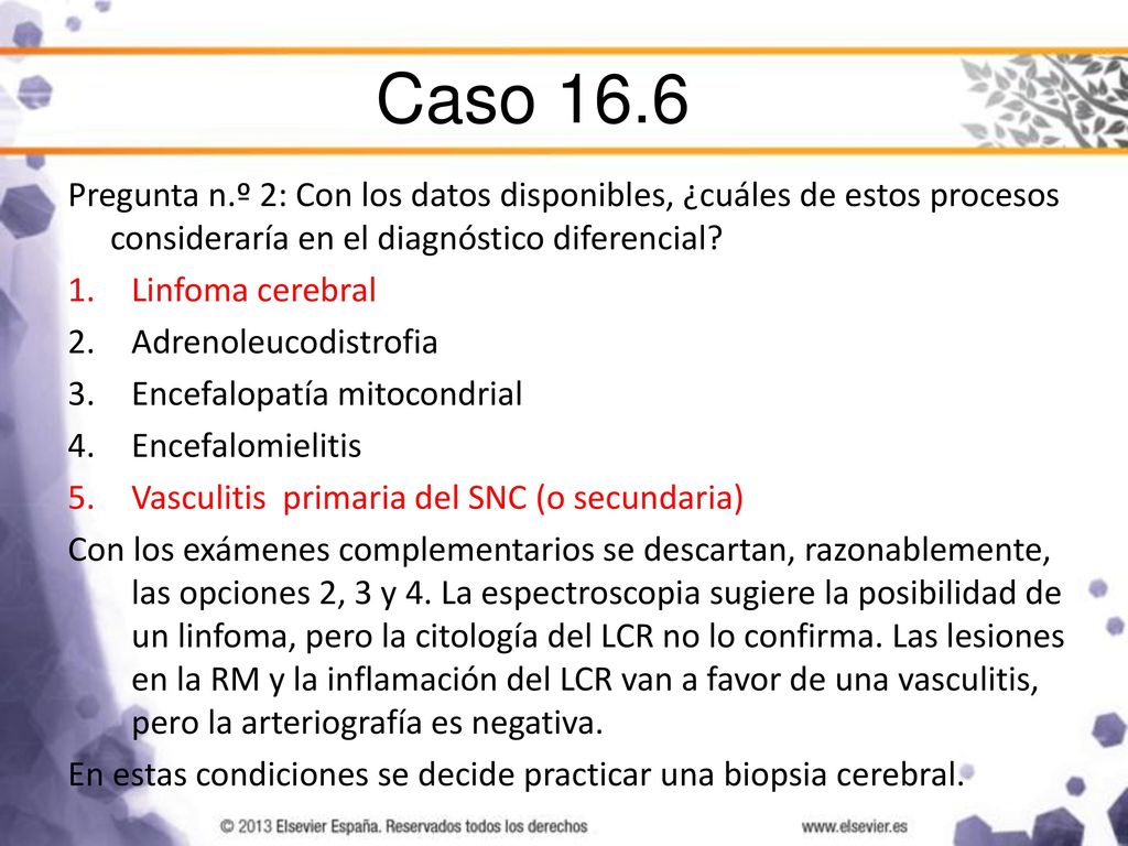 Caso 16.6 Pregunta n.º 2: Con los datos disponibles, ¿cuáles de estos procesos consideraría en el diagnóstico diferencial