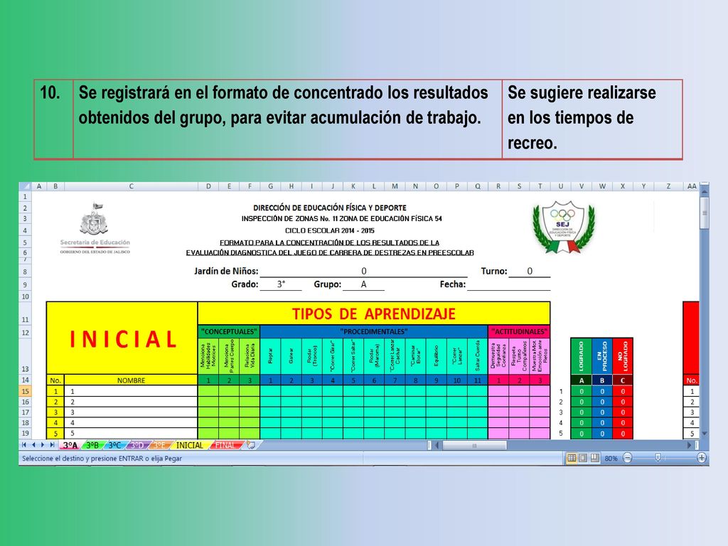 10. Se registrará en el formato de concentrado los resultados obtenidos del grupo, para evitar acumulación de trabajo.
