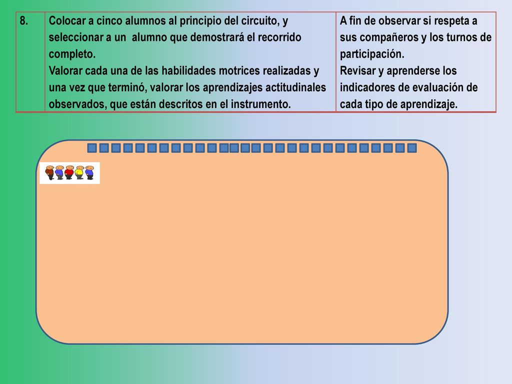 8. Colocar a cinco alumnos al principio del circuito, y seleccionar a un alumno que demostrará el recorrido completo.