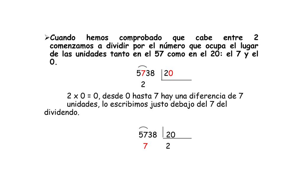 Cuando hemos comprobado que cabe entre 2 comenzamos a dividir por el número que ocupa el lugar de las unidades tanto en el 57 como en el 20: el 7 y el 0.