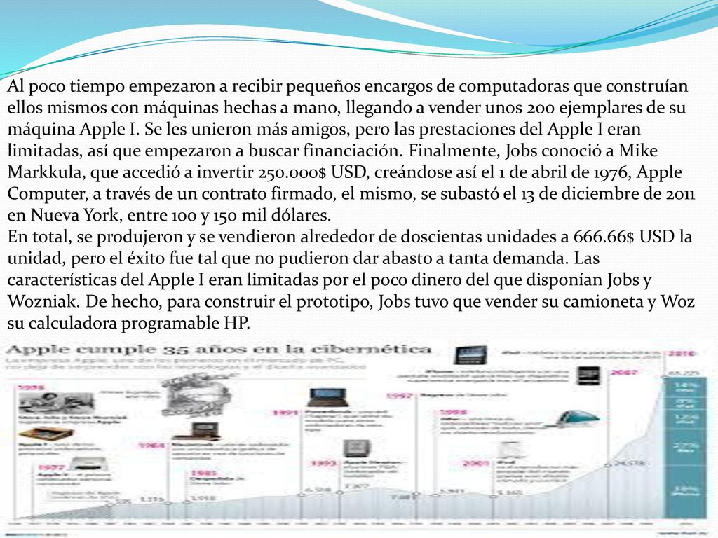 Al poco tiempo empezaron a recibir pequeños encargos de computadoras que construían ellos mismos con máquinas hechas a mano, llegando a vender unos 200 ejemplares de su máquina Apple I. Se les unieron más amigos, pero las prestaciones del Apple I eran limitadas, así que empezaron a buscar financiación. Finalmente, Jobs conoció a Mike Markkula, que accedió a invertir $ USD, creándose así el 1 de abril de 1976, Apple Computer, a través de un contrato firmado, el mismo, se subastó el 13 de diciembre de 2011 en Nueva York, entre 100 y 150 mil dólares.