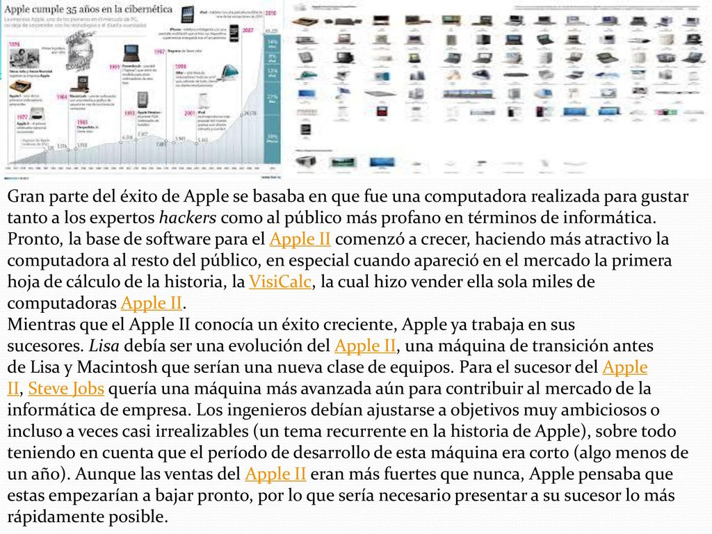 Gran parte del éxito de Apple se basaba en que fue una computadora realizada para gustar tanto a los expertos hackers como al público más profano en términos de informática. Pronto, la base de software para el Apple II comenzó a crecer, haciendo más atractivo la computadora al resto del público, en especial cuando apareció en el mercado la primera hoja de cálculo de la historia, la VisiCalc, la cual hizo vender ella sola miles de computadoras Apple II.