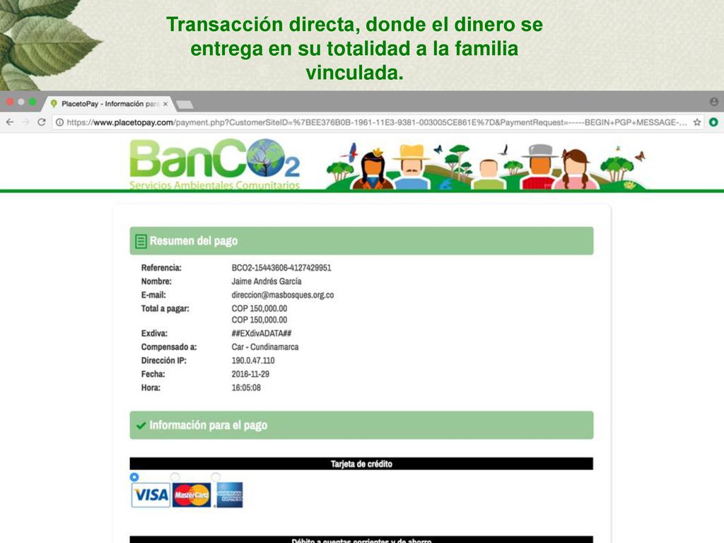 Transacción directa, donde el dinero se entrega en su totalidad a la familia vinculada.