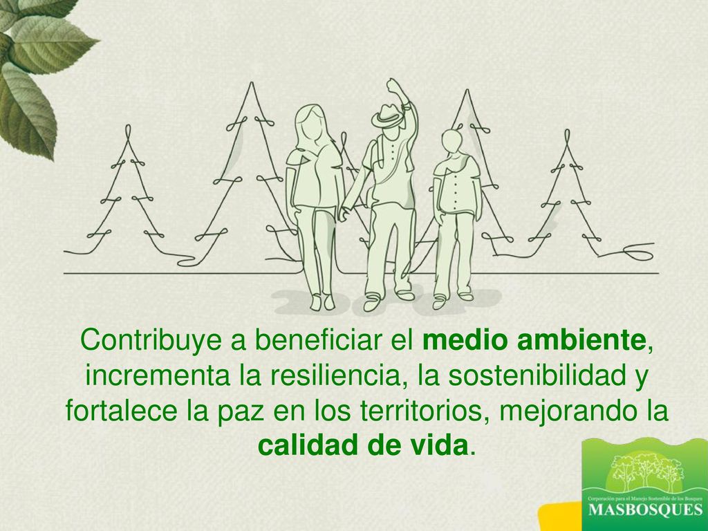 Contribuye a beneficiar el medio ambiente, incrementa la resiliencia, la sostenibilidad y fortalece la paz en los territorios, mejorando la calidad de vida.