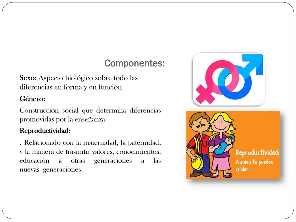 Componentes: Sexo: Aspecto biológico sobre todo las diferencias en forma y en función. Género: