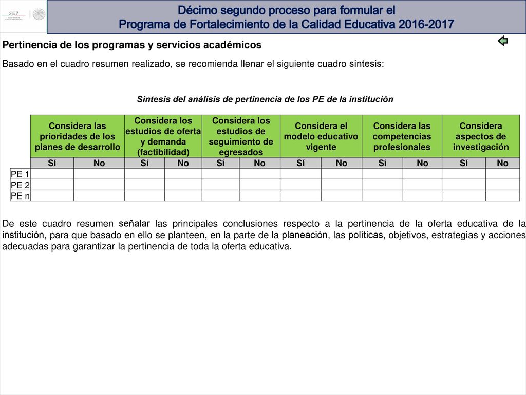 Décimo segundo proceso para formular el Programa de Fortalecimiento de la Calidad Educativa