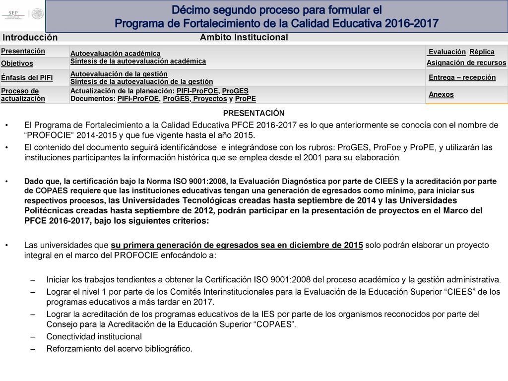 Décimo segundo proceso para formular el Programa de Fortalecimiento de la Calidad Educativa