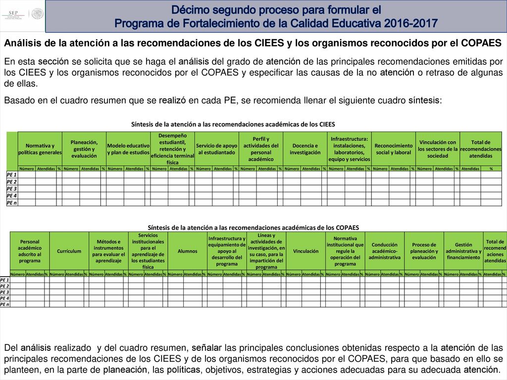 Décimo segundo proceso para formular el Programa de Fortalecimiento de la Calidad Educativa