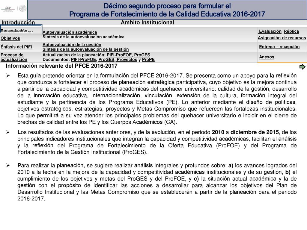 Décimo segundo proceso para formular el Programa de Fortalecimiento de la Calidad Educativa