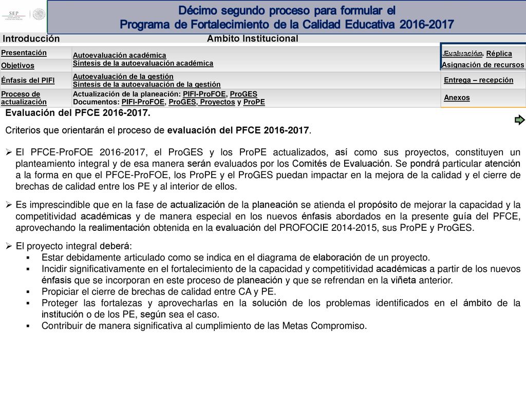 Evaluación del PFCE Criterios que orientarán el proceso de evaluación del PFCE