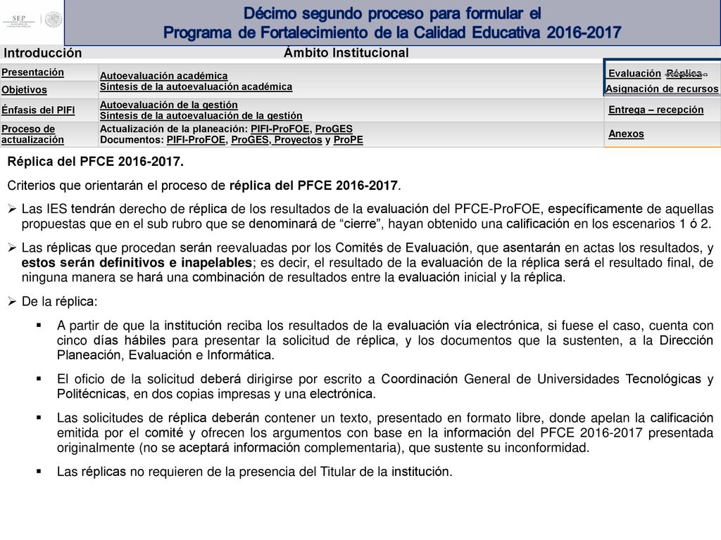 Réplica del PFCE Criterios que orientarán el proceso de réplica del PFCE