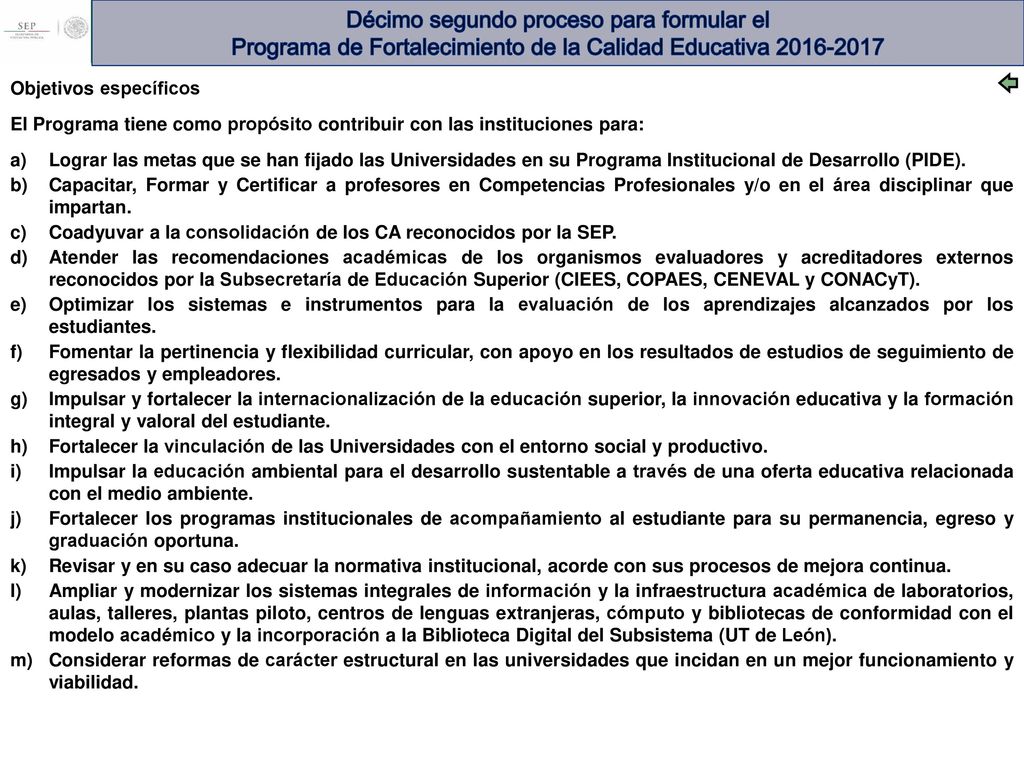 Décimo segundo proceso para formular el Programa de Fortalecimiento de la Calidad Educativa