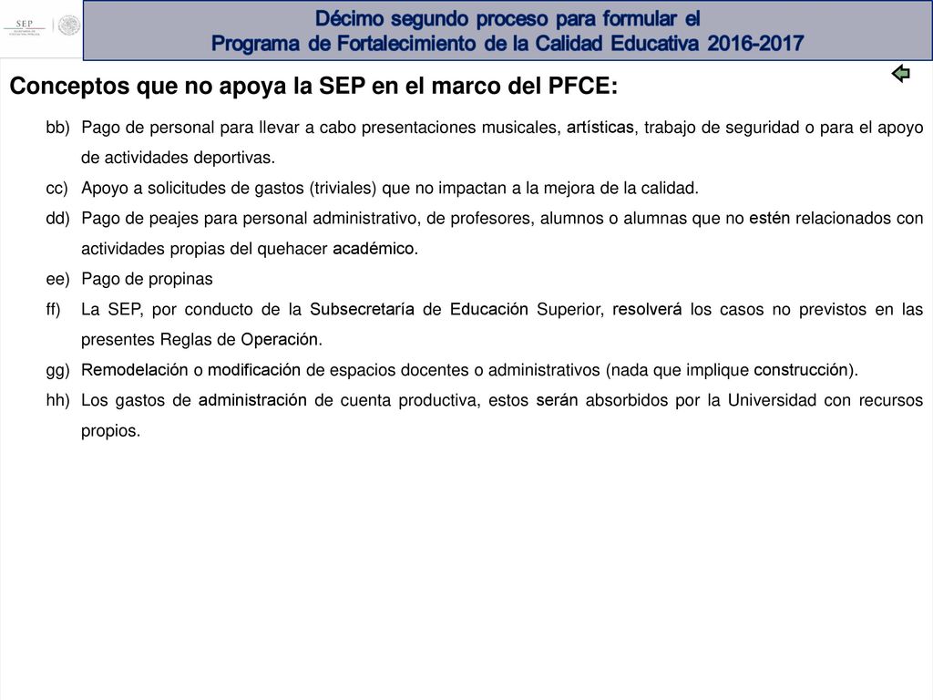 Conceptos que no apoya la SEP en el marco del PFCE: