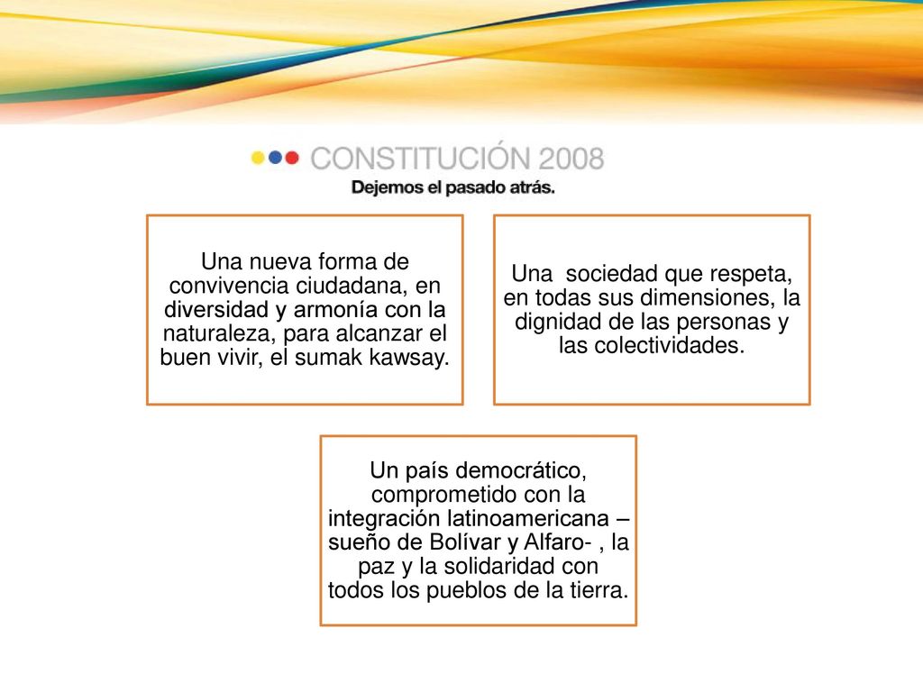 Una nueva forma de convivencia ciudadana, en diversidad y armonía con la naturaleza, para alcanzar el buen vivir, el sumak kawsay.