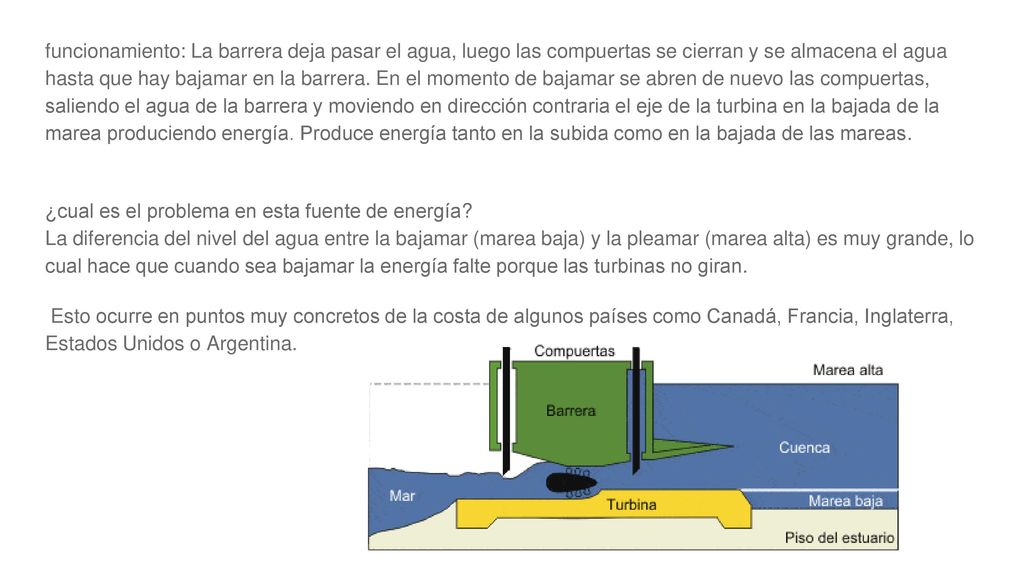 funcionamiento: La barrera deja pasar el agua, luego las compuertas se cierran y se almacena el agua hasta que hay bajamar en la barrera. En el momento de bajamar se abren de nuevo las compuertas, saliendo el agua de la barrera y moviendo en dirección contraria el eje de la turbina en la bajada de la marea produciendo energía. Produce energía tanto en la subida como en la bajada de las mareas.