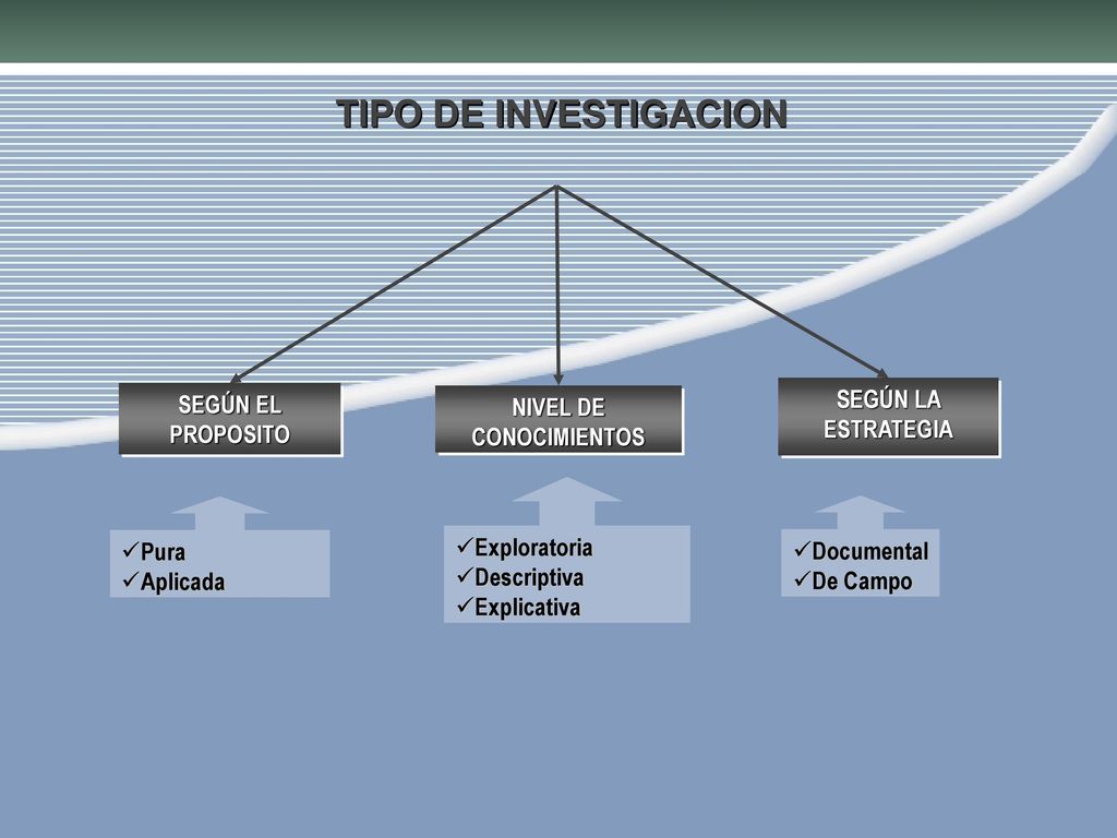 TIPO DE INVESTIGACION SEGÚN LA ESTRATEGIA SEGÚN EL PROPOSITO NIVEL DE