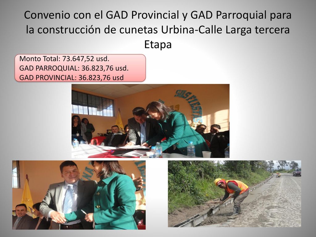 Convenio con el GAD Provincial y GAD Parroquial para la construcción de cunetas Urbina-Calle Larga tercera Etapa