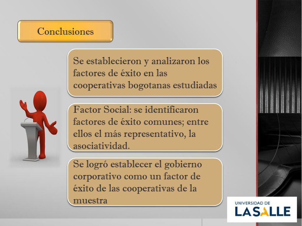Conclusiones Se establecieron y analizaron los factores de éxito en las cooperativas bogotanas estudiadas.