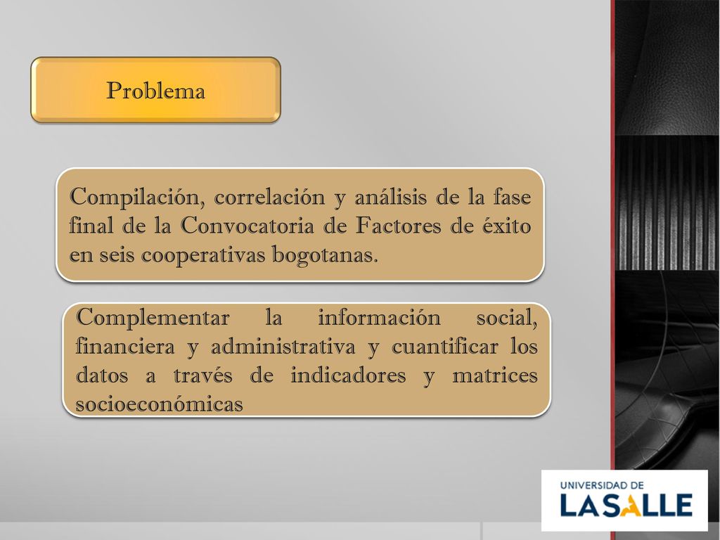 Problema Compilación, correlación y análisis de la fase final de la Convocatoria de Factores de éxito en seis cooperativas bogotanas.