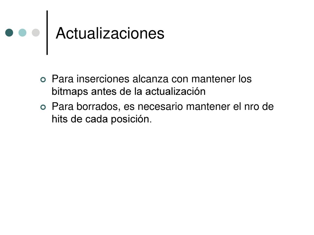 Actualizaciones Para inserciones alcanza con mantener los bitmaps antes de la actualización.