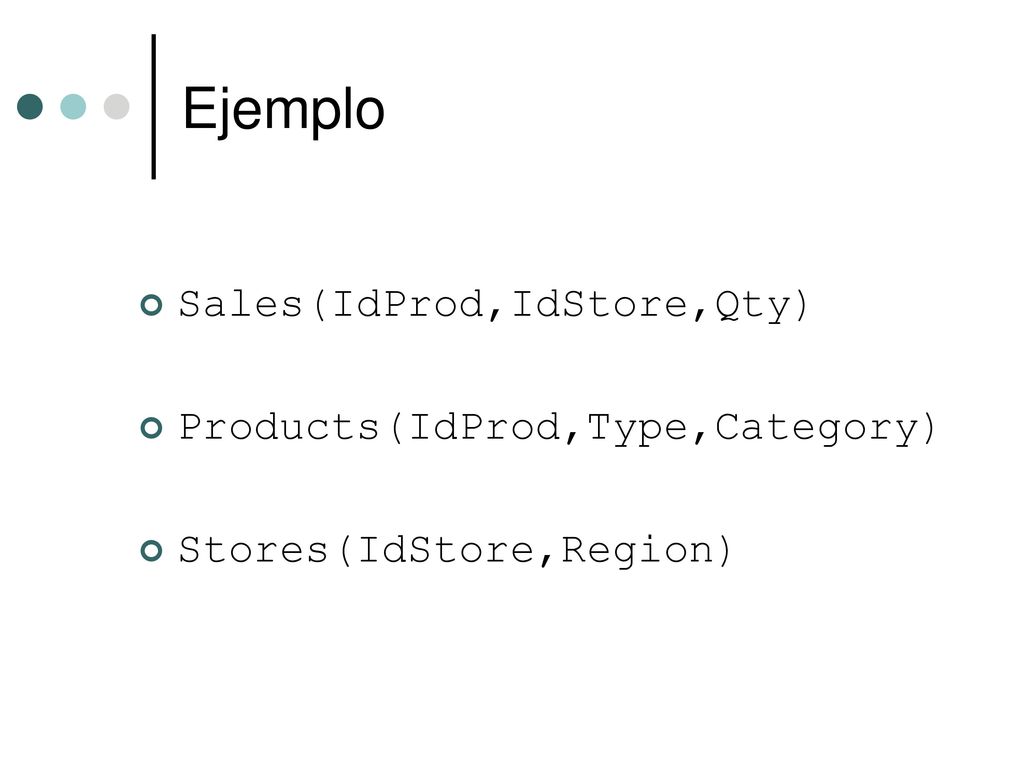 Ejemplo Sales(IdProd,IdStore,Qty) Products(IdProd,Type,Category)