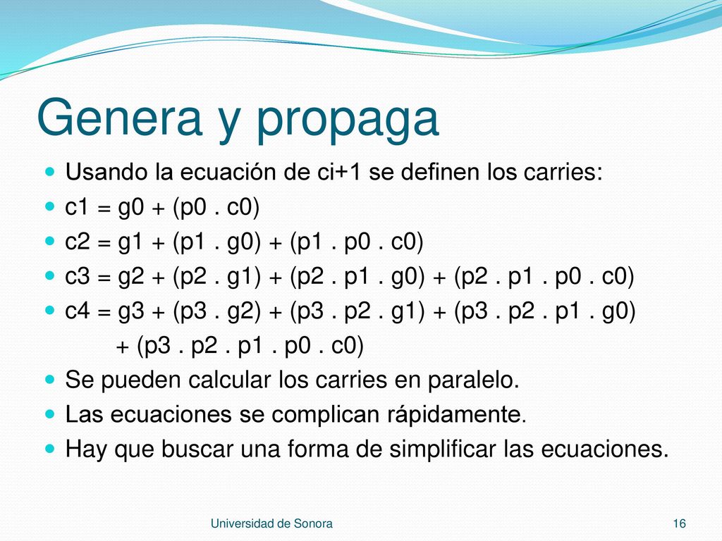 Genera y propaga Usando la ecuación de ci+1 se definen los carries: