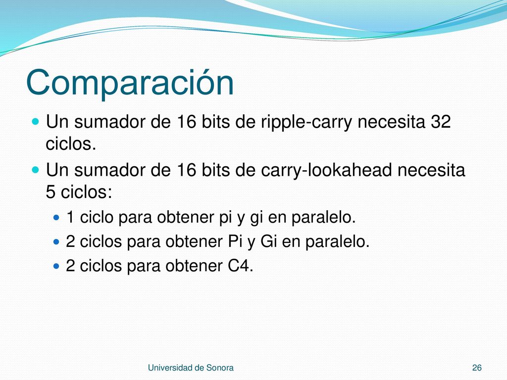 Comparación Un sumador de 16 bits de ripple-carry necesita 32 ciclos.