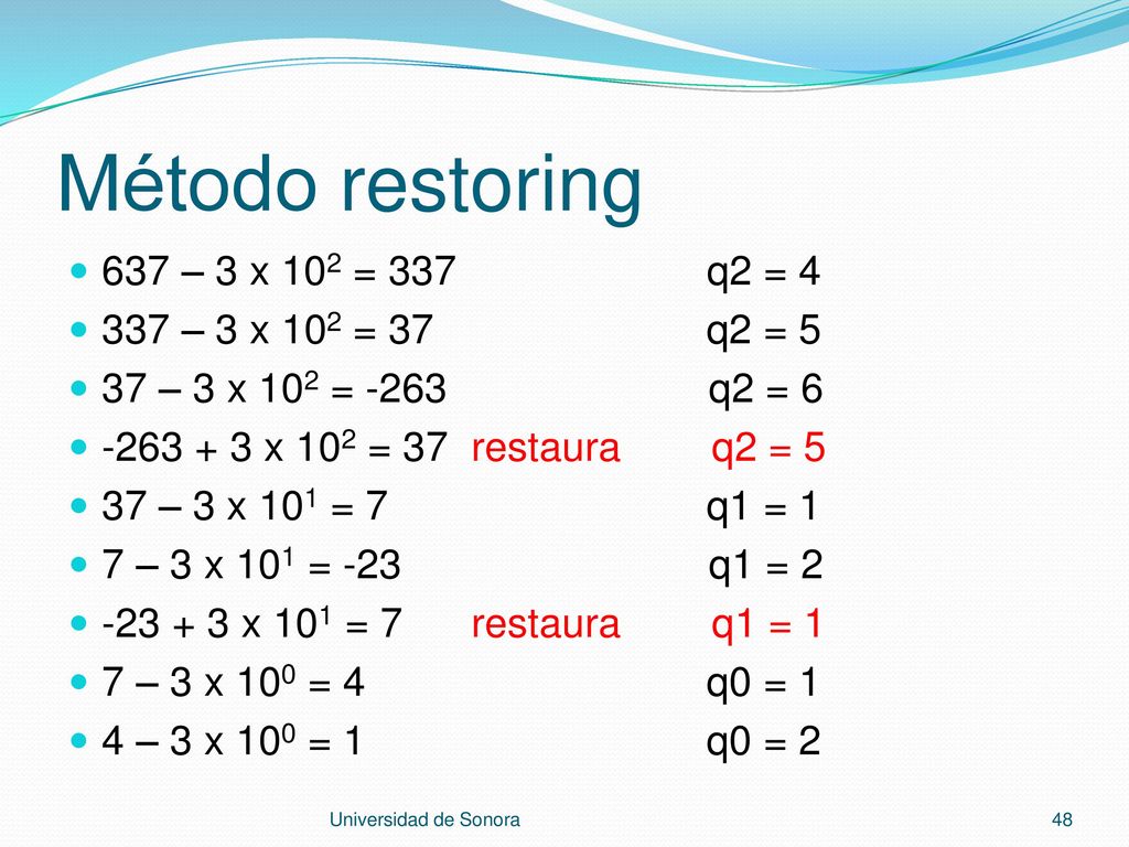 Método restoring 637 – 3 x 102 = 337 q2 = – 3 x 102 = 37 q2 = 5