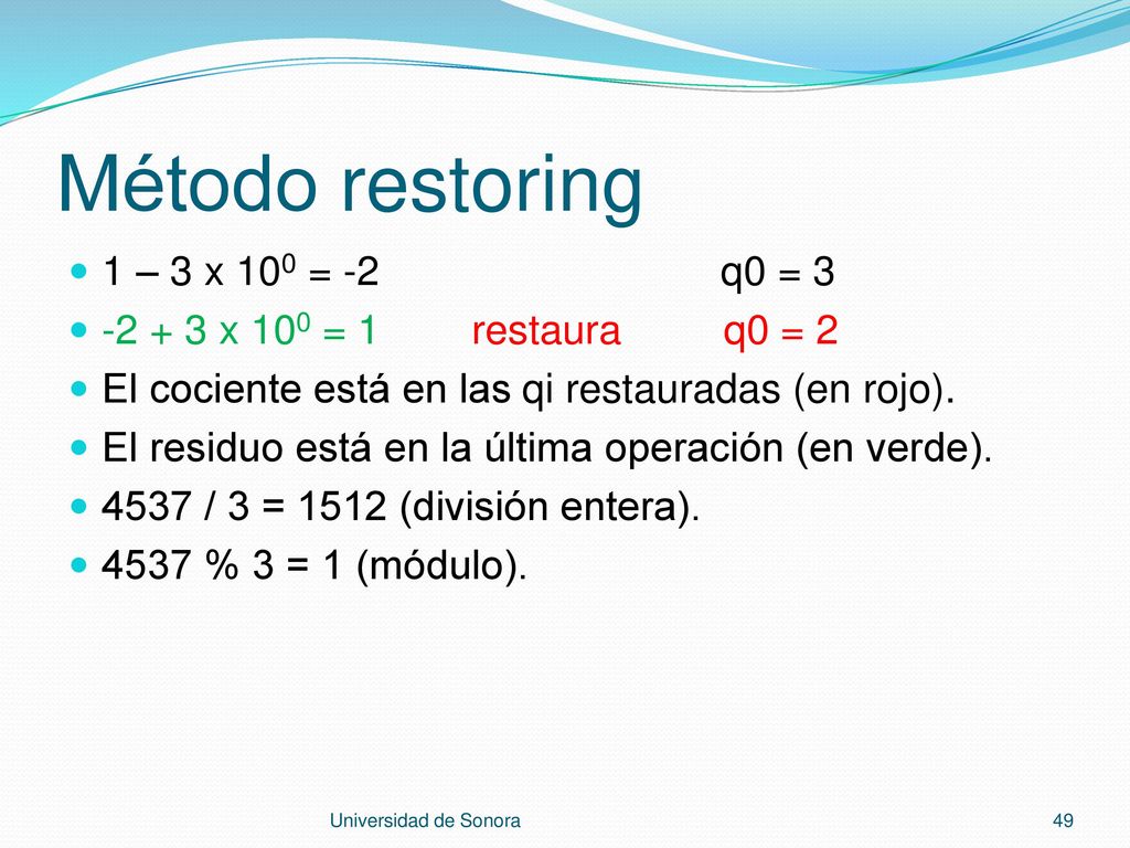 Método restoring 1 – 3 x 100 = -2 q0 = 3