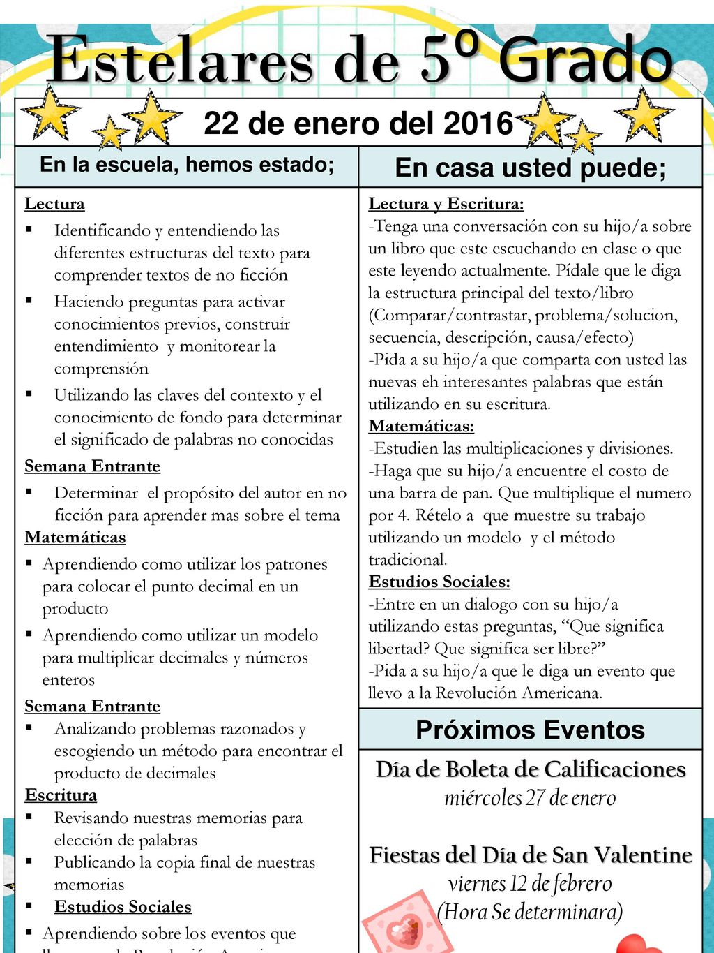 Estelares de 5⁰ Grado 22 de enero del 2016 En casa usted puede;