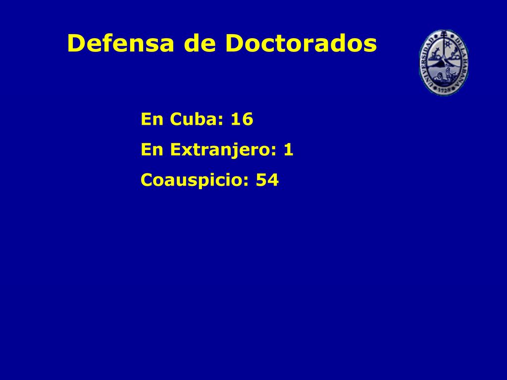 Defensa de Doctorados En Cuba: 16 En Extranjero: 1 Coauspicio: 54