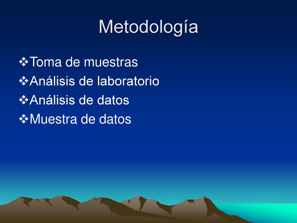 Metodología Toma de muestras Análisis de laboratorio Análisis de datos