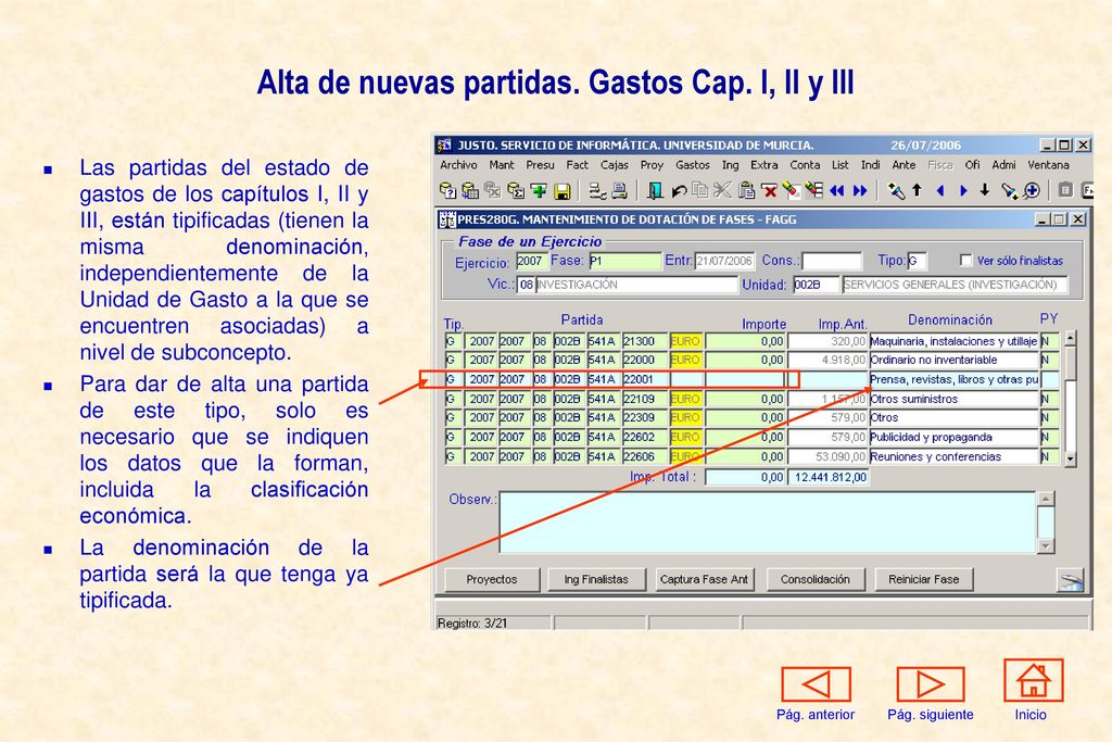Alta de nuevas partidas. Gastos Cap. I, II y III