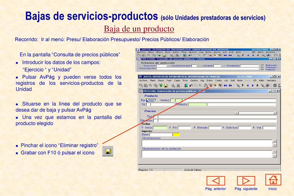 Bajas de servicios-productos (sólo Unidades prestadoras de servicios)