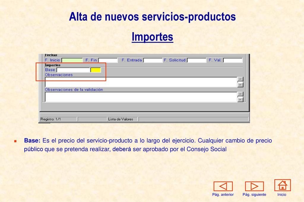 Alta de nuevos servicios-productos Importes