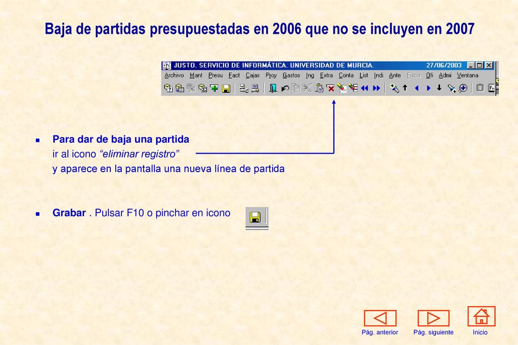 Baja de partidas presupuestadas en 2006 que no se incluyen en 2007