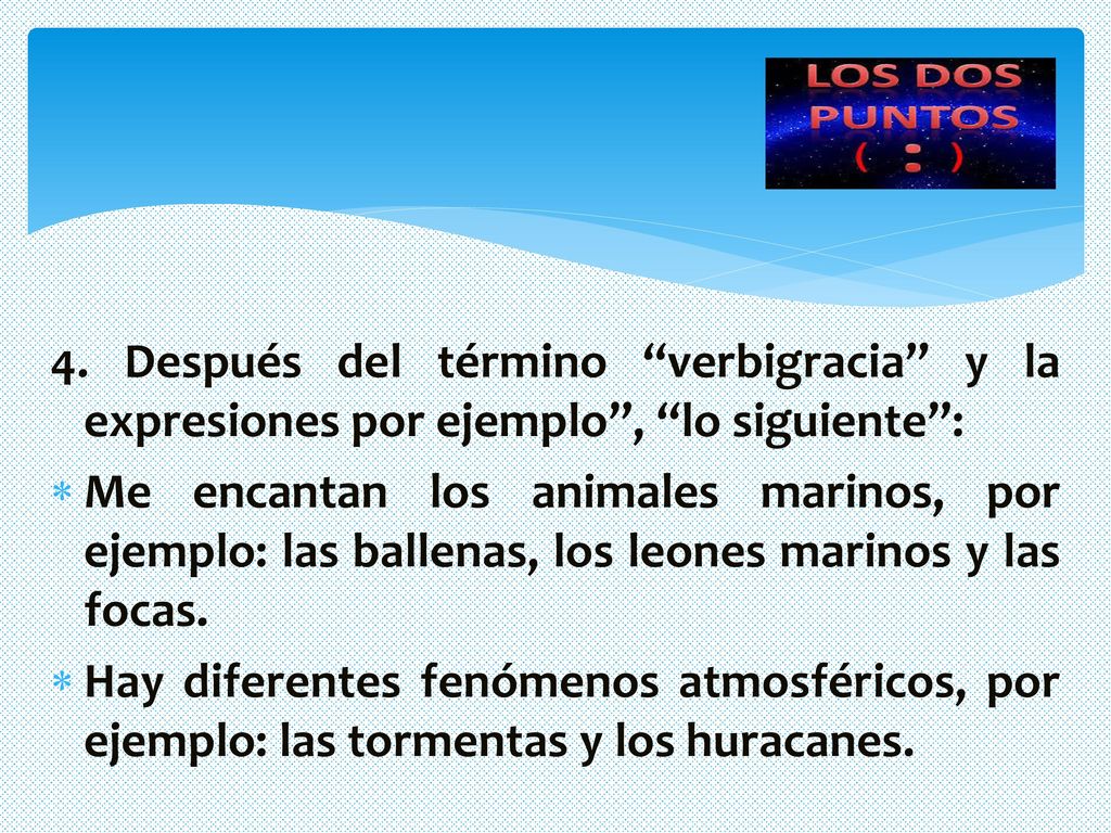 4. Después del término verbigracia y la expresiones por ejemplo , lo siguiente :