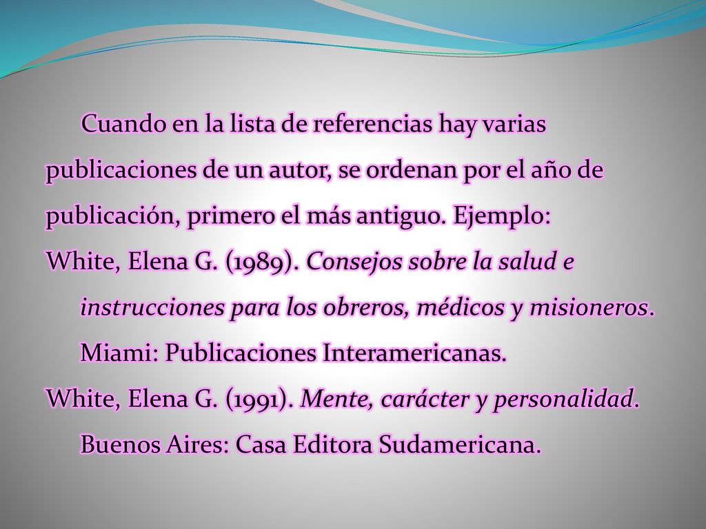Cuando en la lista de referencias hay varias publicaciones de un autor, se ordenan por el año de publicación, primero el más antiguo. Ejemplo: