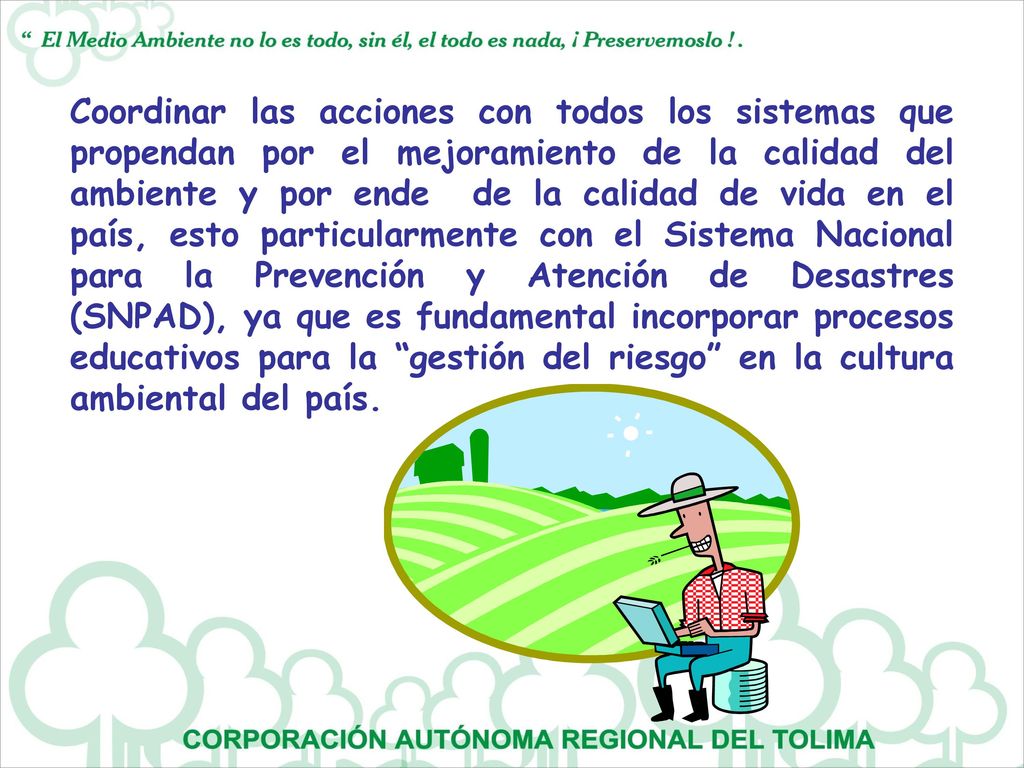 Coordinar las acciones con todos los sistemas que propendan por el mejoramiento de la calidad del ambiente y por ende de la calidad de vida en el país, esto particularmente con el Sistema Nacional para la Prevención y Atención de Desastres (SNPAD), ya que es fundamental incorporar procesos educativos para la gestión del riesgo en la cultura ambiental del país.