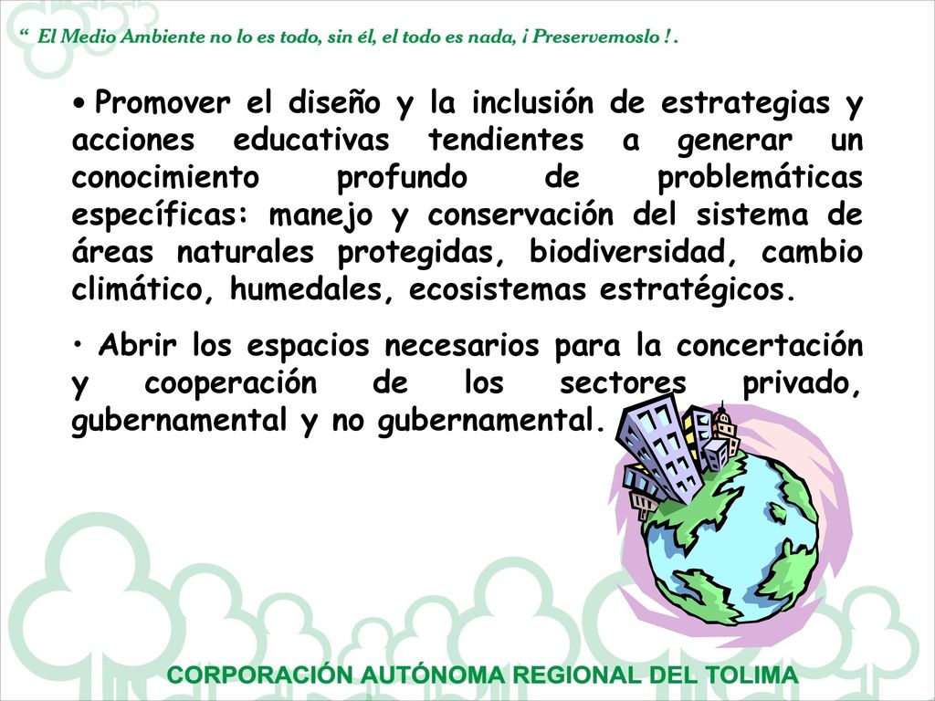 Promover el diseño y la inclusión de estrategias y acciones educativas tendientes a generar un conocimiento profundo de problemáticas específicas: manejo y conservación del sistema de áreas naturales protegidas, biodiversidad, cambio climático, humedales, ecosistemas estratégicos.