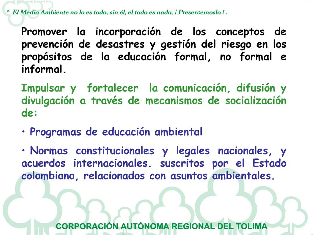 Promover la incorporación de los conceptos de prevención de desastres y gestión del riesgo en los propósitos de la educación formal, no formal e informal.