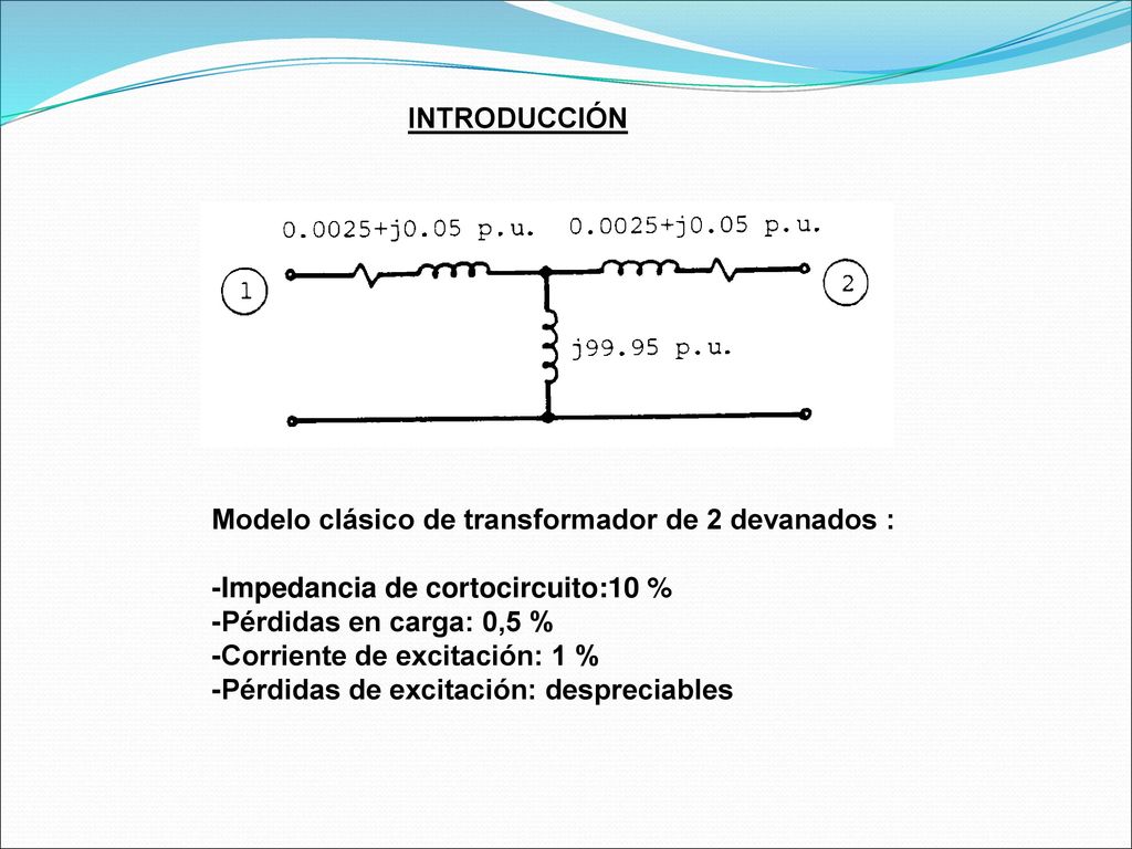 INTRODUCCIÓN Modelo clásico de transformador de 2 devanados : -Impedancia de cortocircuito:10 % -Pérdidas en carga: 0,5 %