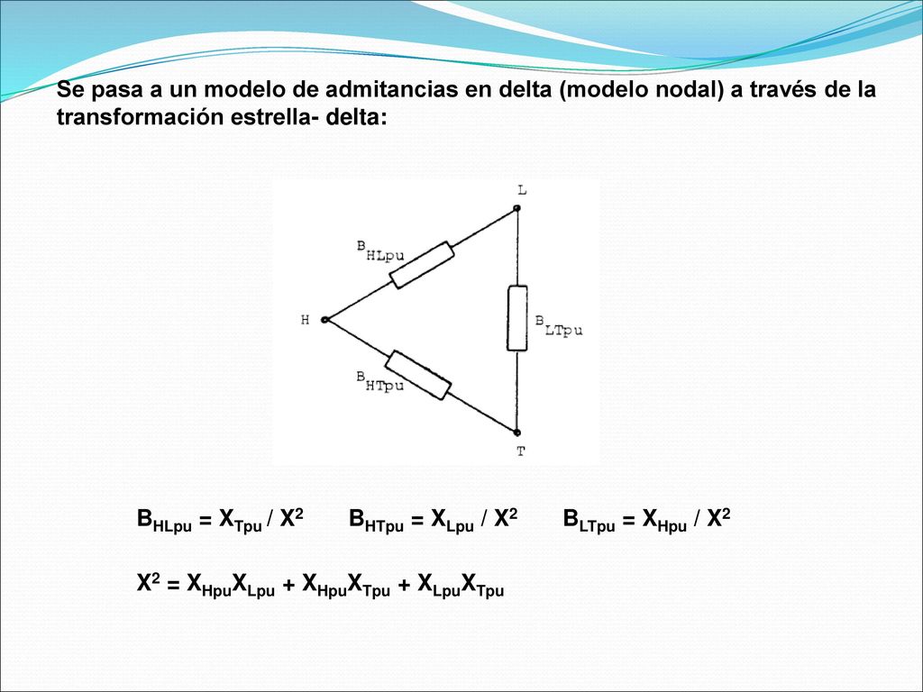 Se pasa a un modelo de admitancias en delta (modelo nodal) a través de la transformación estrella- delta: