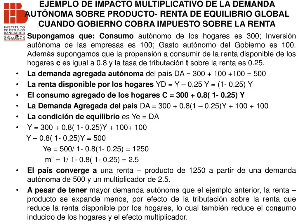 EJEMPLO DE IMPACTO MULTIPLICATIVO DE LA DEMANDA AUTÓNOMA SOBRE PRODUCTO- RENTA DE EQUILIBRIO GLOBAL CUANDO GOBIERNO COBRA IMPUESTO SOBRE LA RENTA