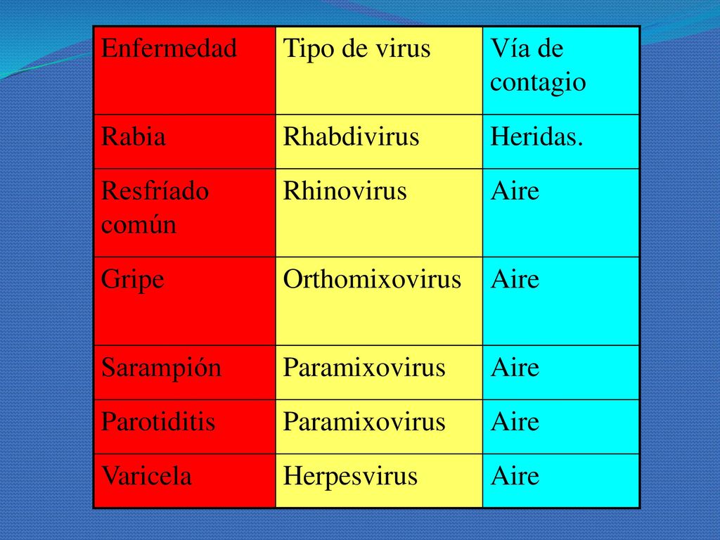 Enfermedad Tipo de virus. Vía de contagio. Rabia. Rhabdivirus. Heridas. Resfríado común. Rhinovirus.