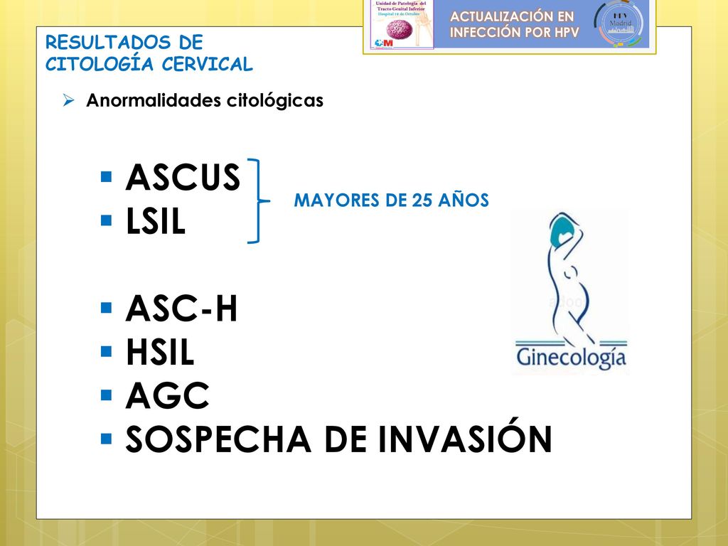ASCUS LSIL ASC-H HSIL AGC SOSPECHA DE INVASIÓN RESULTADOS DE